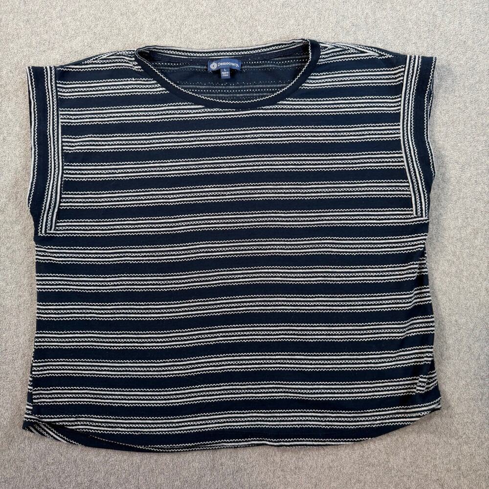 Democracy Women's Large Navy Blue & White Stitch Striped Shirt Boxy Crew Neck